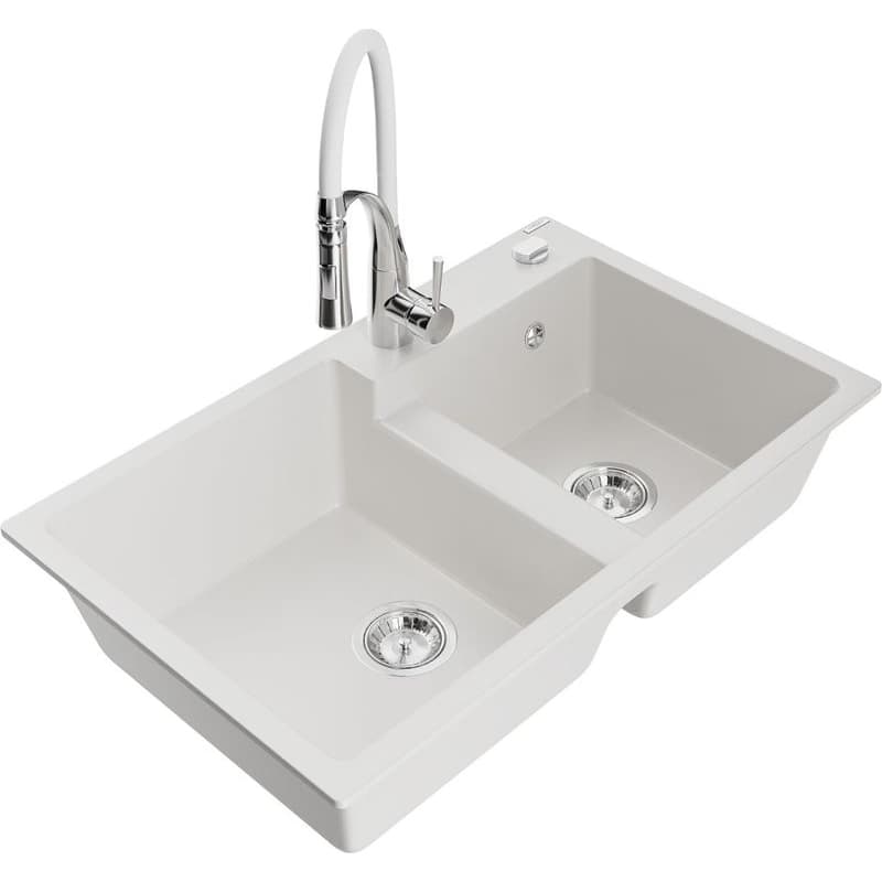 MEXEN/S MEXEN/S - Tomas granitový drez 2-bowl vrátane batérie Aster, biela 6516-20-73450-02 1