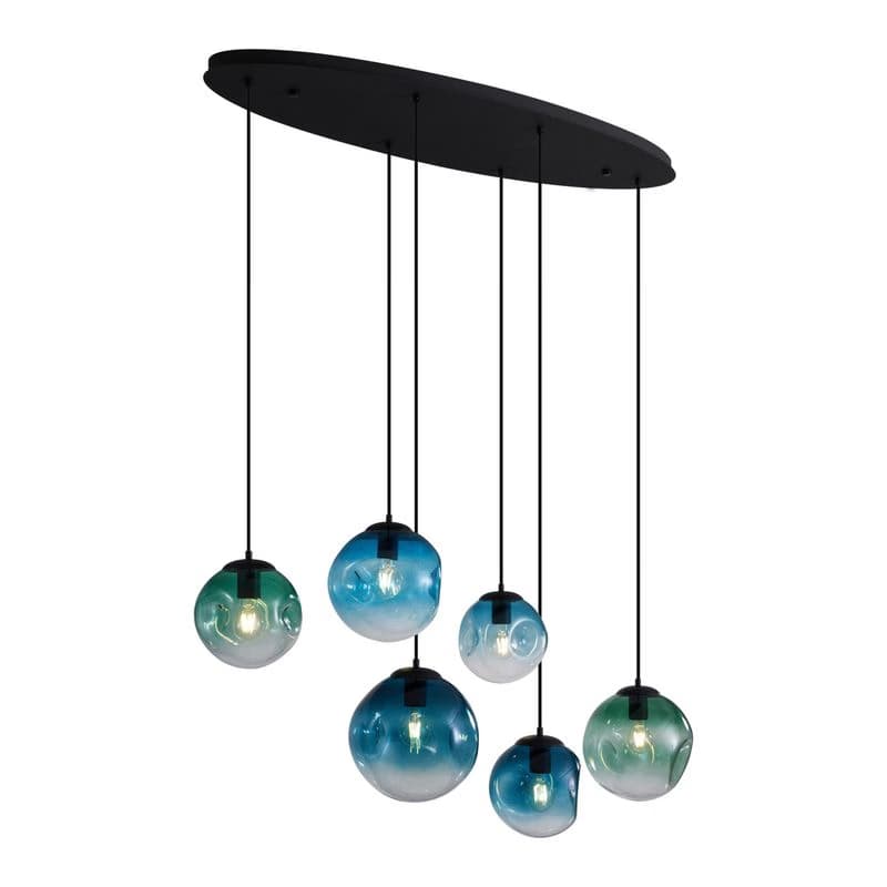 Art Deco závesná lampa čierna s oválnou stropnou doskou a zeleným a modrým sklom 6-svetiel - Douglass