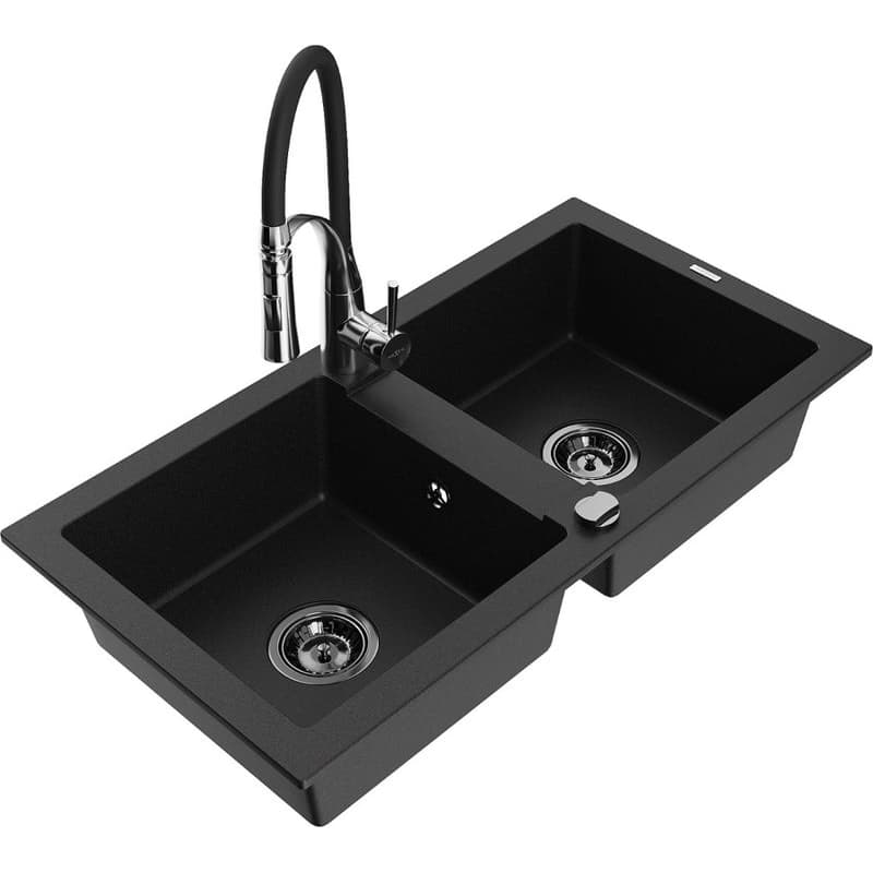 MEXEN/S MEXEN/S - Mario granitový drez 2-bowl vrátane batérie Aster, čierna 6504-77-73450-07-B
