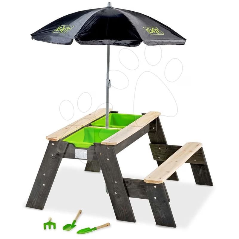 Pieskovisko cédrové stôl na vodu a piesok Aksent sand&water table Exit Toys piknikové so slnečníkom lavicou a krytom s doplnkami