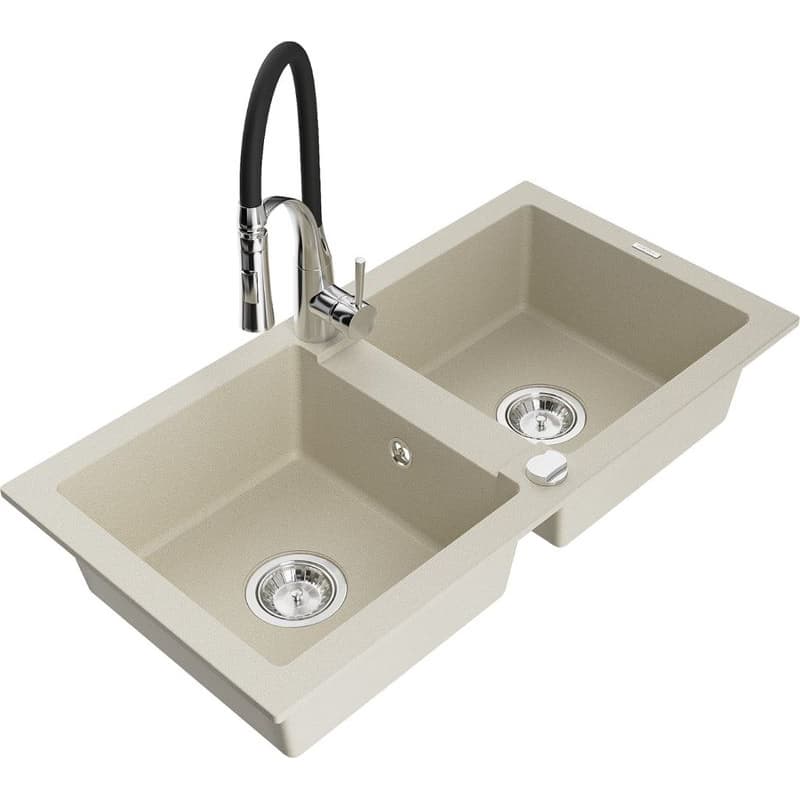 MEXEN/S MEXEN/S - Mario granitový drez 2-bowl vrátane batérie Aster, bážová 6504-69-73450-07