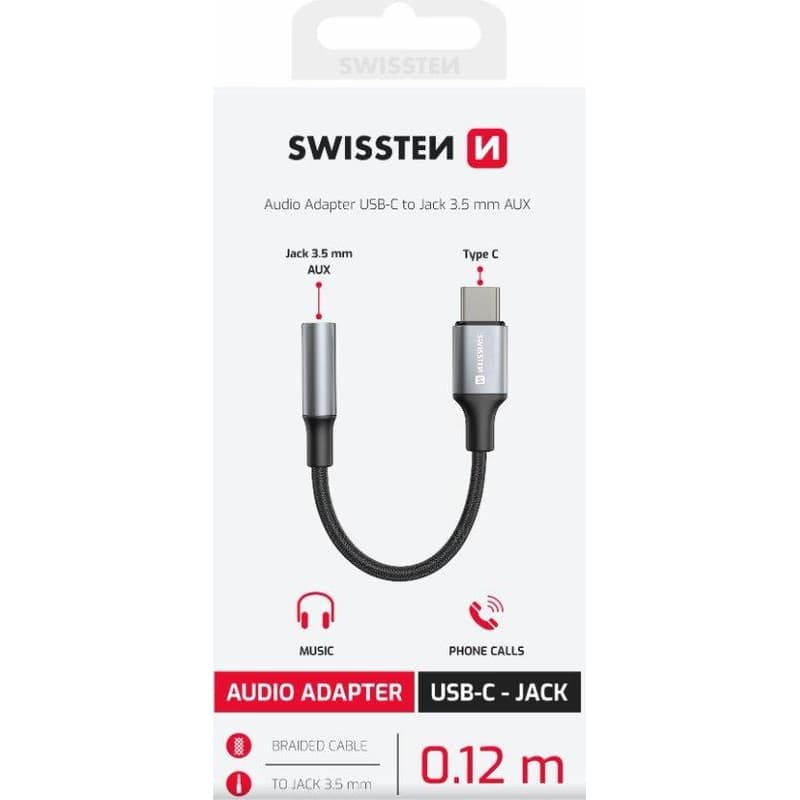 SWISSTEN AUDIO ADAPTÉR TEXTILE USB-C (samec) / 3,5 mm AUX 0,15 M ČIERNY (nahrádza 73501301)