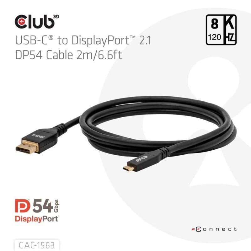 Club3D Kábel USB-C na DisplayPort 2.1 DP54 Bi-Directional, 8K120Hz, 4K480Hz, 2m 2
