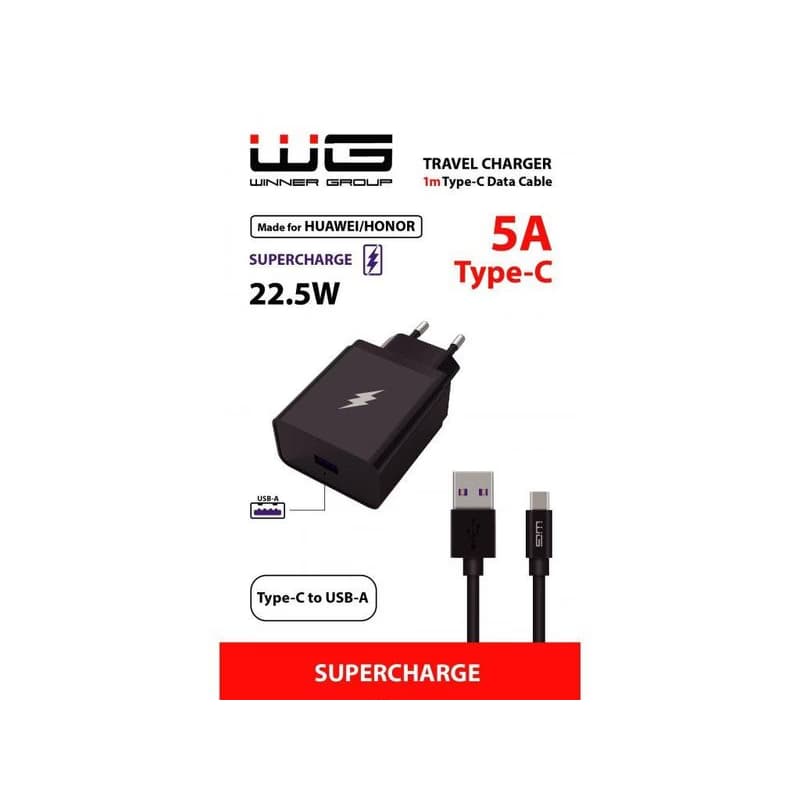 WG - Sieťová nabíjačka 1x USB-A 22, 5W, SuperCharge, 5V-9V-12V, + kábel USB-A na Type-C (5A), čierna 2