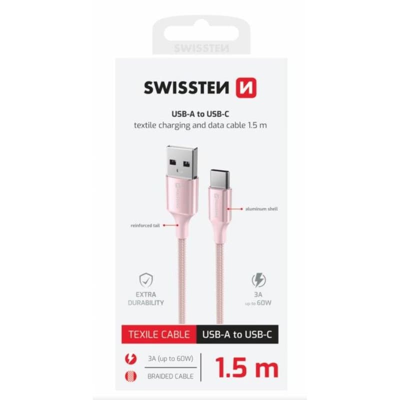 SWISSTEN DÁTOVÝ KÁBEL TEXTILE II USB / USB-C 1,5 M RUŽOVÝ 1