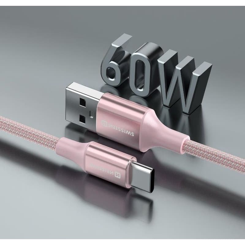 SWISSTEN DÁTOVÝ KÁBEL TEXTILE II USB / USB-C 1,5 M RUŽOVÝ 3