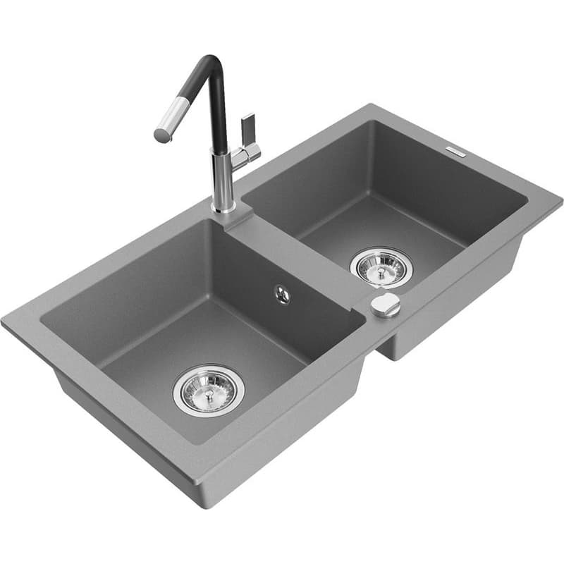 MEXEN/S MEXEN/S - Mario granitový drez 2-bowl vrátane batérie Flora, šedá 6504-71-670401-07