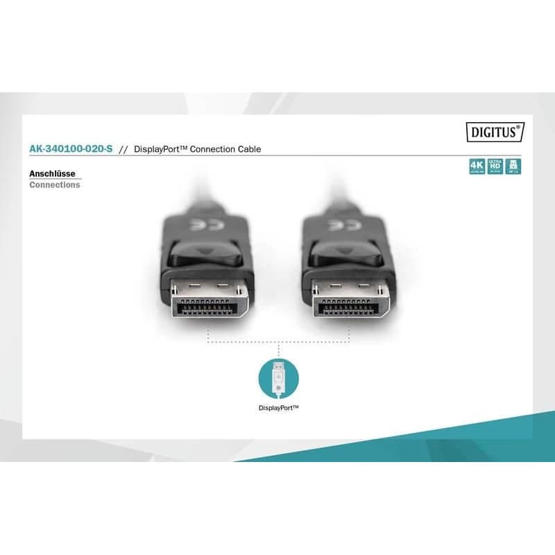 Digitus Pripojovací kábel DisplayPort 1.2, DP M/M, 2,0 m, so západkou, Ultra HD 4K, bl 6