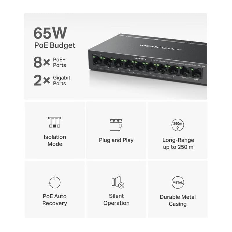 MERCUSYS switch MS110CP (8x100Mb/s, 2xGbE, 8xPoE+, 65W, fanless) 4