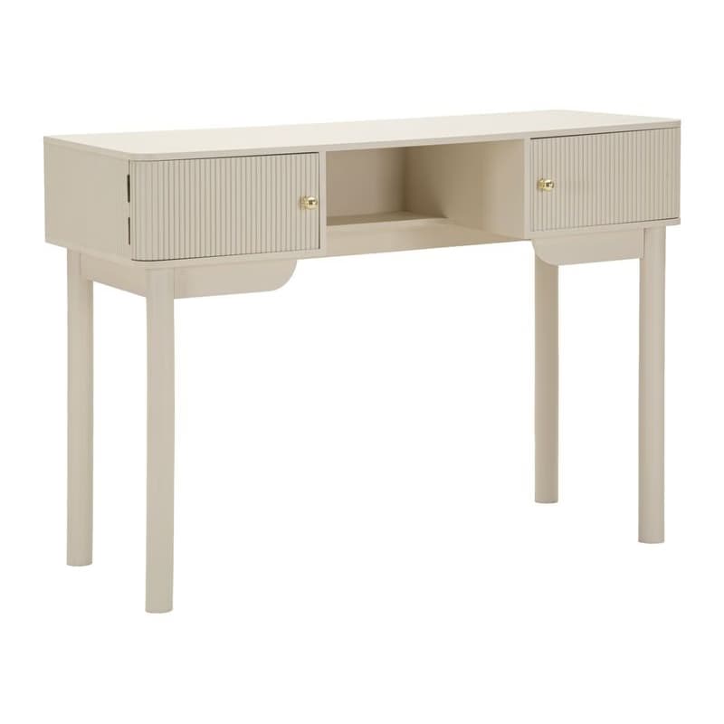 Estila Dizajnový art deco toaletný stolík Shelly v béžovej farbe s rebrovaným zdobením s dvomi dvierkami a policou 110 cm