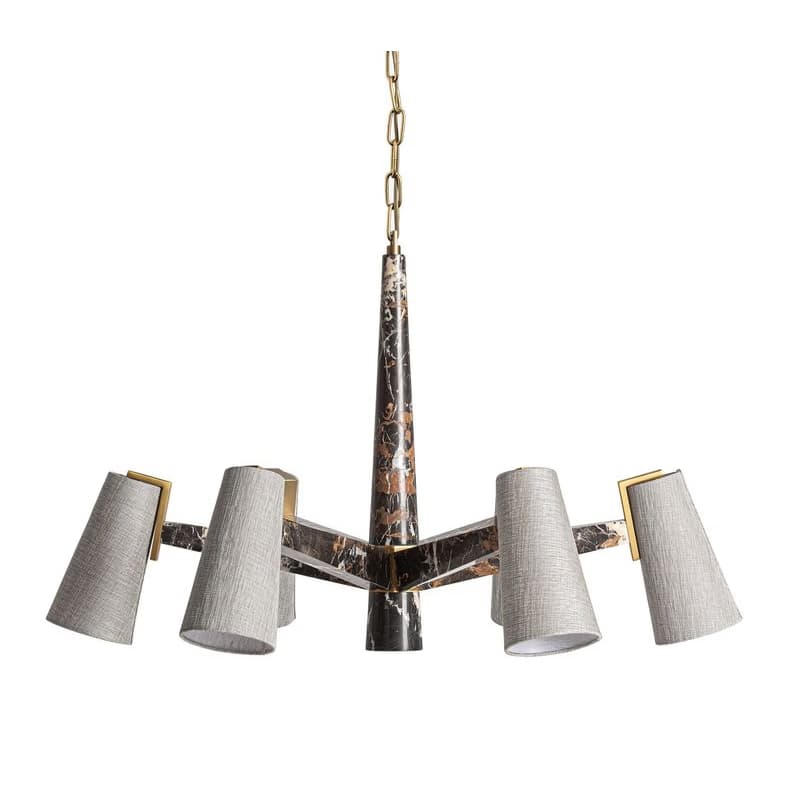 Estila Luxusný art deco šesťramenný luster Glauton s čiernou mramorovou konštrukciou so zlatými detailmi a sivými tienidlami 98 cm 1