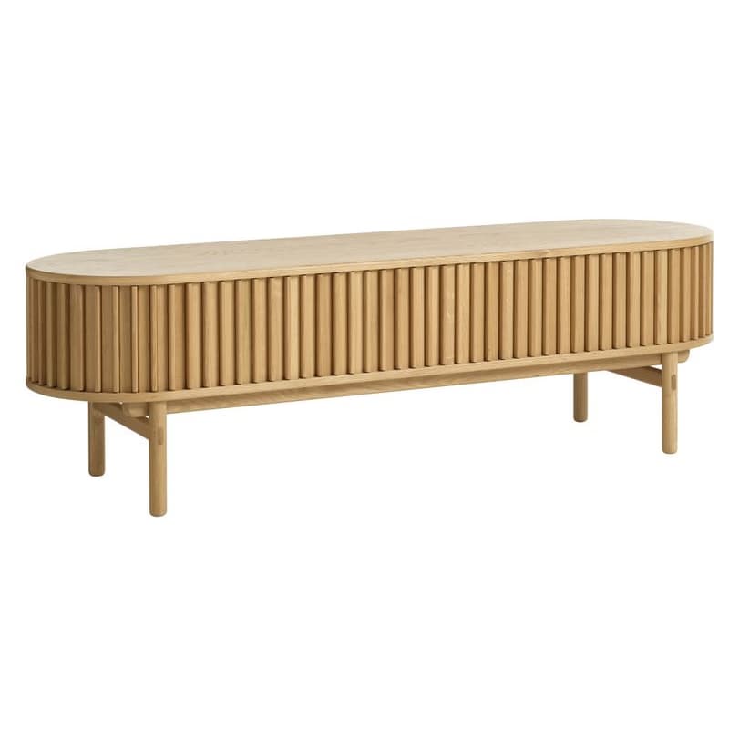 Estila Retro oválny TV stolík Roskilde s lamelovými posuvnými dvierkami s dvomi policami a zásuvkou v dubovom hnedom prevedení 160 cm 1