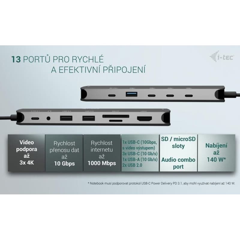 i-tec USB-C Metal Nano 3x Display Dock, 2x HDMI 1x USB-C video, PD 140W + Universal Charger 140 W 5