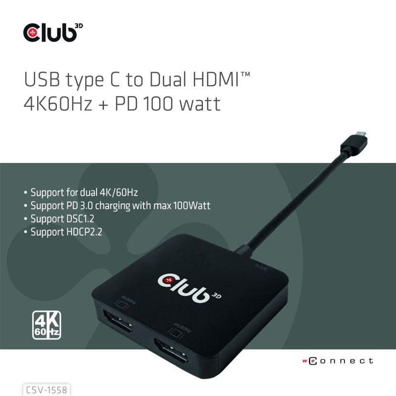 Club3D Video húb MST USB-C na 2x HDMI + USB-C PD 3.0, 4K60Hz 2