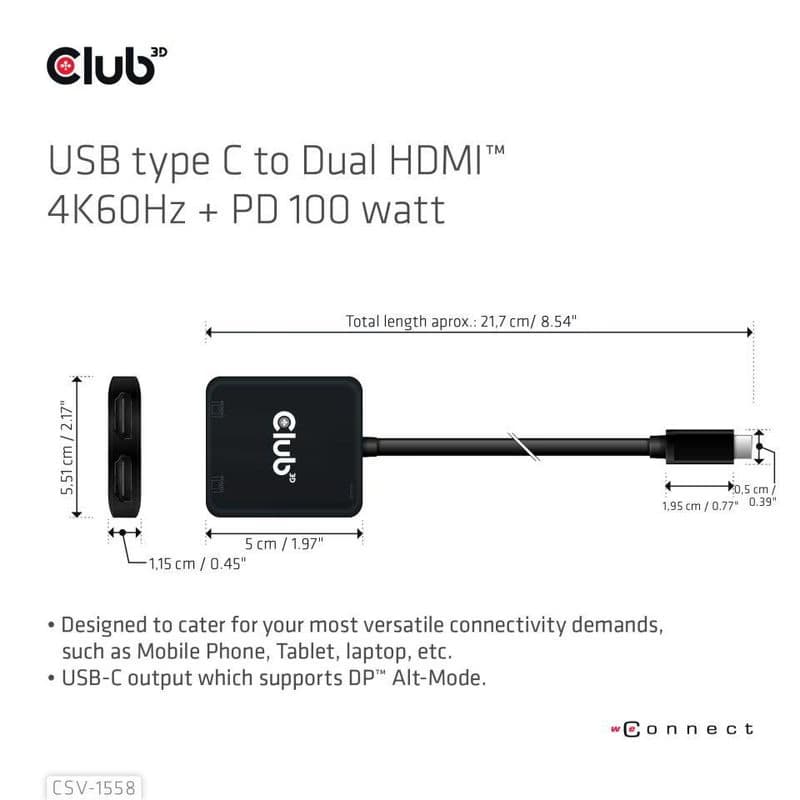 Club3D Video húb MST USB-C na 2x HDMI + USB-C PD 3.0, 4K60Hz 3