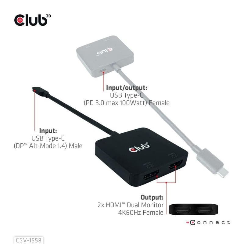 Club3D Video húb MST USB-C na 2x HDMI + USB-C PD 3.0, 4K60Hz 5