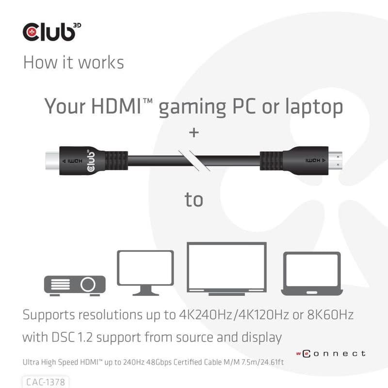 Club3D Kábel HDMI, Ultra Rýchly HDMI™ Certifikovaný Cable, 4K120Hz/8K60Hz, 7.5m 6