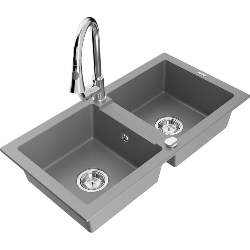 MEXEN/S MEXEN/S - Mario granitový drez 2-bowl vrátane batérie Elia, šedá 6504-71-670101-00