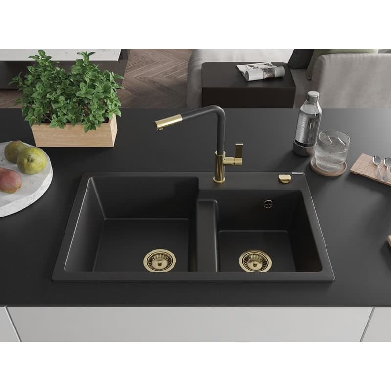 MEXEN/S MEXEN/S - Tomas granitový drez 2-bowl vrátane batérie Flora, čierna 6516-77-670401-57-G 3