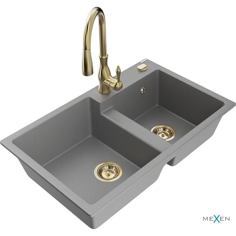 MEXEN/S MEXEN/S - Tomas granitový drez 2-bowl vrátane batérie Savita, šedá 6516-71-672601-50