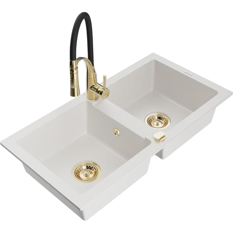 MEXEN/S MEXEN/S - Mario granitový drez 2-bowl vrátane batérie Aster, biela 6504-20-73450-57-G
