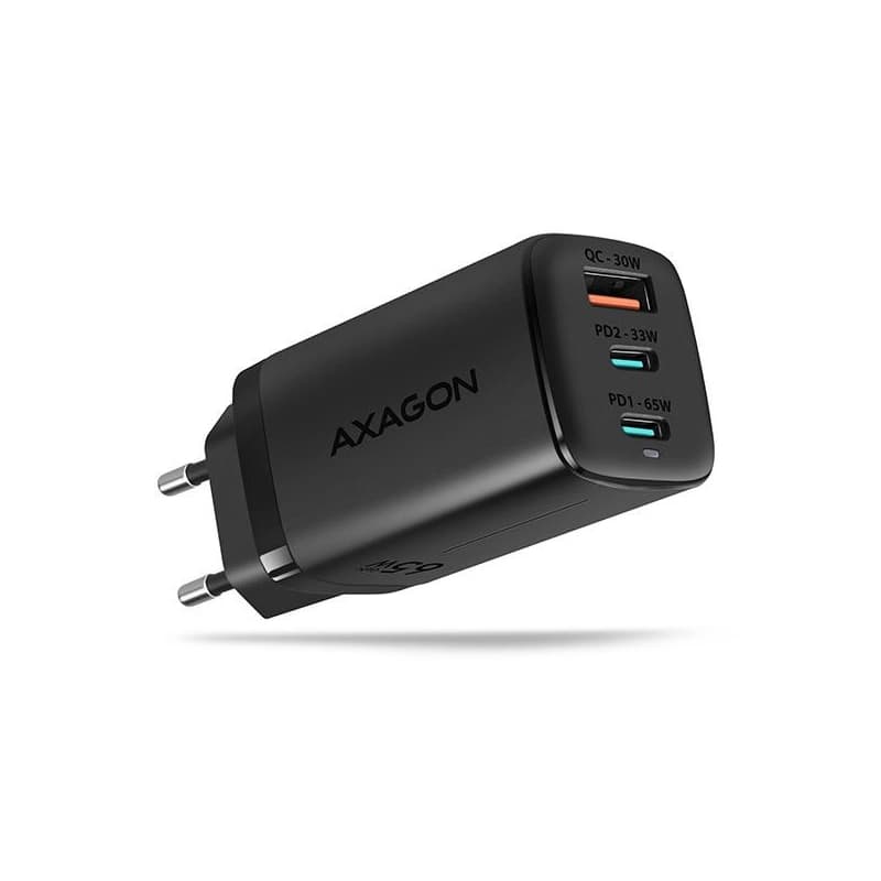 AXAGON ACU-DPQ65, GaN nabíjačka do siete 65W, 3x port (USB-A + dual USB-C), PD3.0/QC4+/PPS/Apple, čierna 1