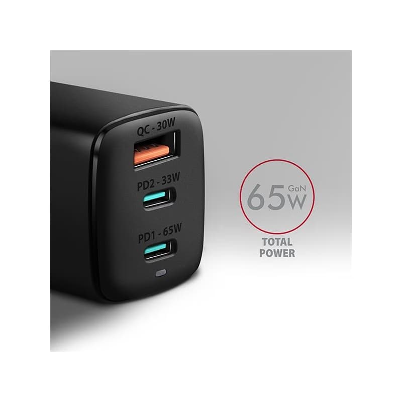 AXAGON ACU-DPQ65, GaN nabíjačka do siete 65W, 3x port (USB-A + dual USB-C), PD3.0/QC4+/PPS/Apple, čierna 2
