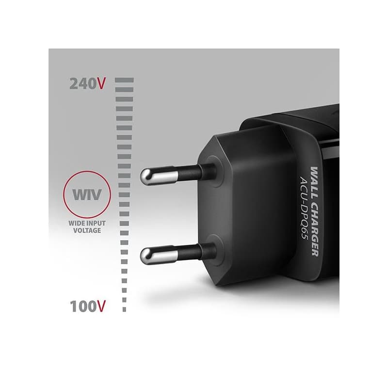 AXAGON ACU-DPQ65, GaN nabíjačka do siete 65W, 3x port (USB-A + dual USB-C), PD3.0/QC4+/PPS/Apple, čierna 3