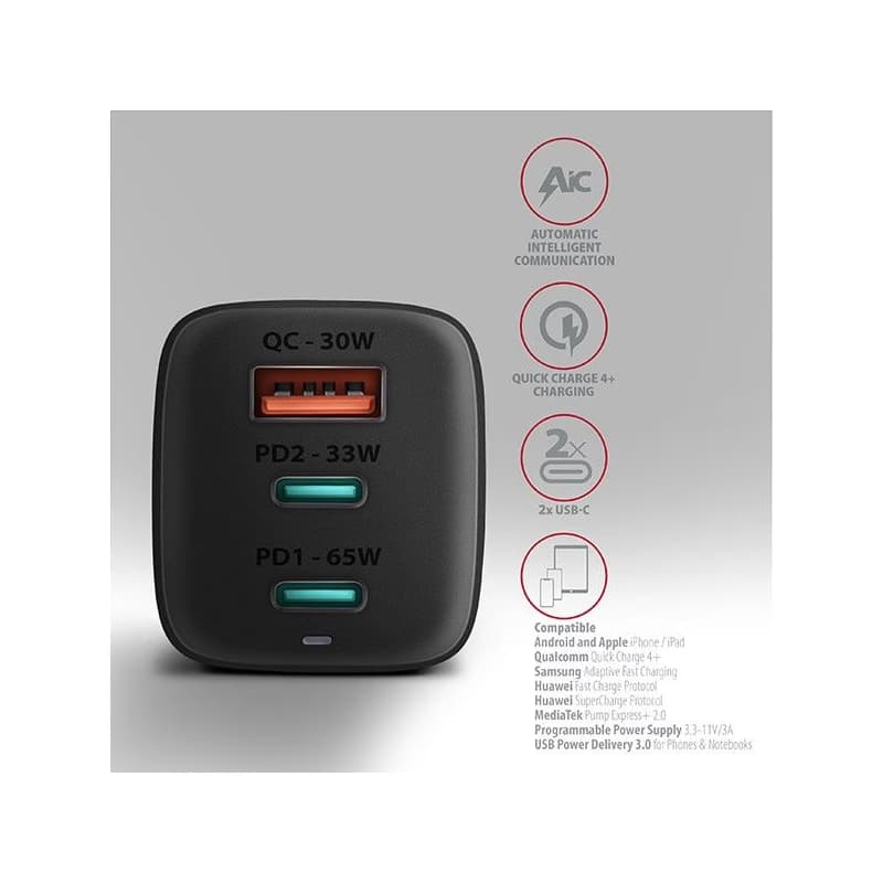 AXAGON ACU-DPQ65, GaN nabíjačka do siete 65W, 3x port (USB-A + dual USB-C), PD3.0/QC4+/PPS/Apple, čierna 4