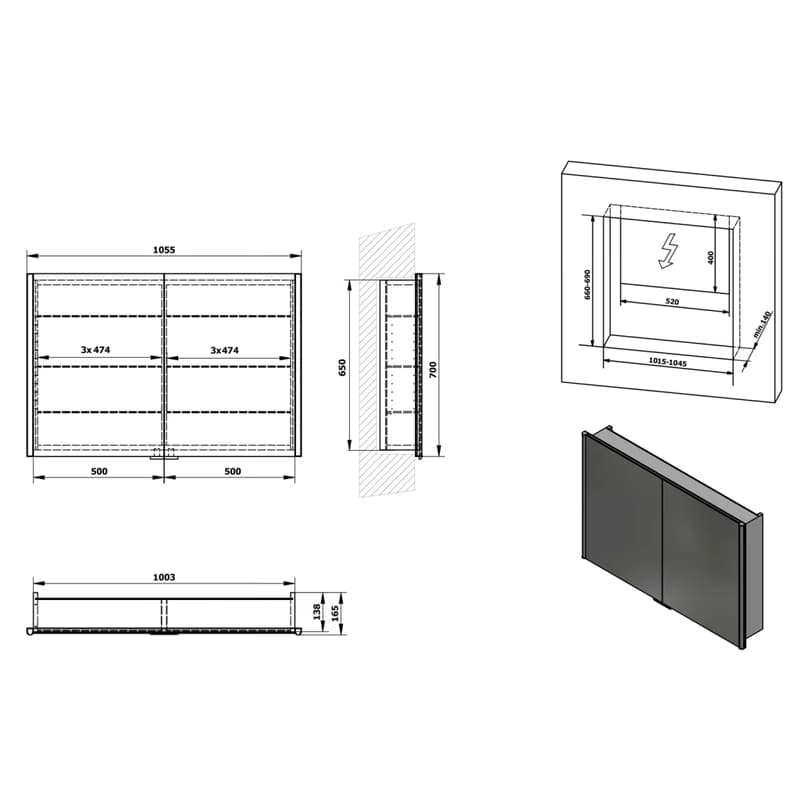 SAPHO - INTEGRA zápustná galérka s LED osvetlením, 105x70cm IN105 2