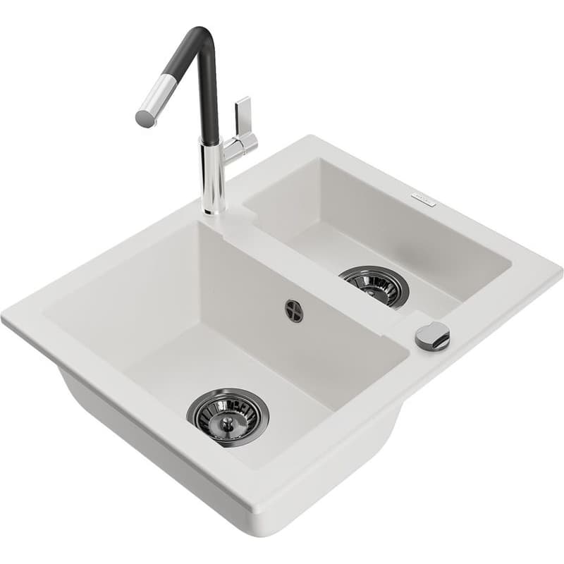 MEXEN/S MEXEN/S - Carlos granitový drez 1.5 vrátane batérie Flora, biela 6518-20-670401-07-B 1