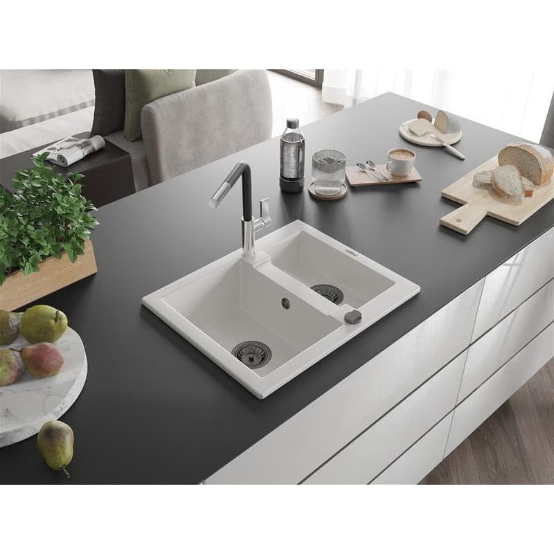 MEXEN/S MEXEN/S - Carlos granitový drez 1.5 vrátane batérie Flora, biela 6518-20-670401-07-B 2