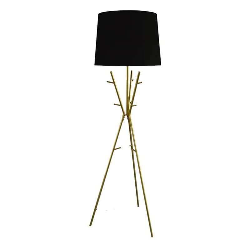 Estila Moderná glamour stojaca lampa Mervik so zlatou trojnohou konštrukciou so závesnými úchytkami a čiernym tienidlom 175 cm