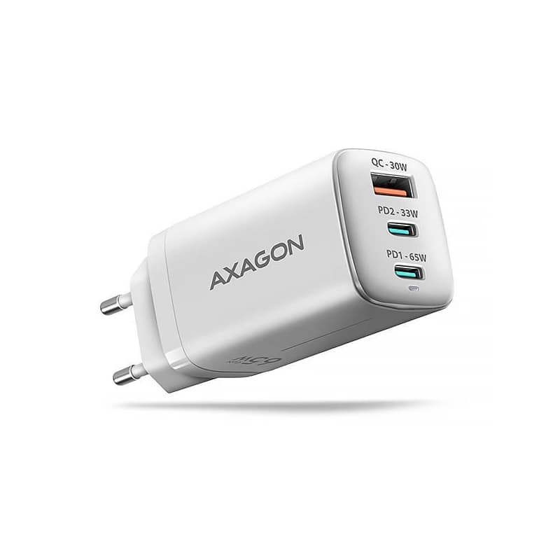 AXAGON ACU-DPQ65W, GaN nabíjačka do siete 65W, 3x port (USB-A + dual USB-C), PD3.0/QC4+/PPS/Apple, biela