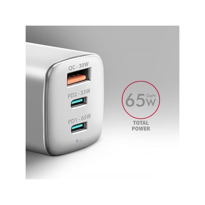 AXAGON ACU-DPQ65W, GaN nabíjačka do siete 65W, 3x port (USB-A + dual USB-C), PD3.0/QC4+/PPS/Apple, biela 2