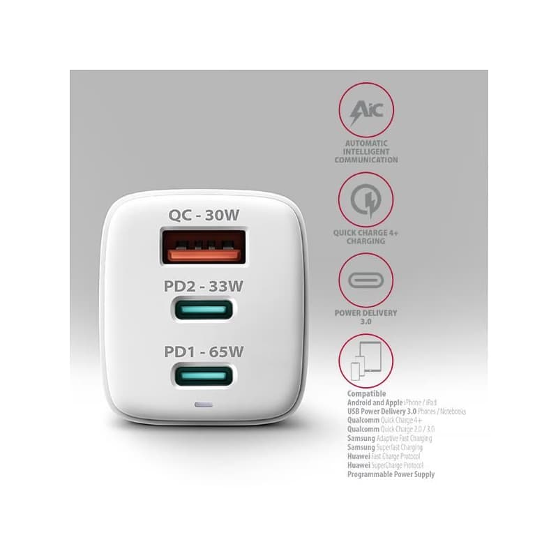AXAGON ACU-DPQ65W, GaN nabíjačka do siete 65W, 3x port (USB-A + dual USB-C), PD3.0/QC4+/PPS/Apple, biela 4