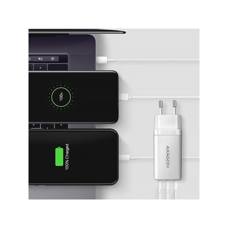 AXAGON ACU-DPQ65W, GaN nabíjačka do siete 65W, 3x port (USB-A + dual USB-C), PD3.0/QC4+/PPS/Apple, biela 6