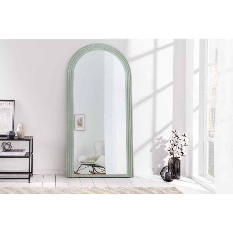 Estila Art deco dizajnové zrkadlo Swan oblúkového tvaru s pastelovým zeleným kaskádovým rámom 160cm 1