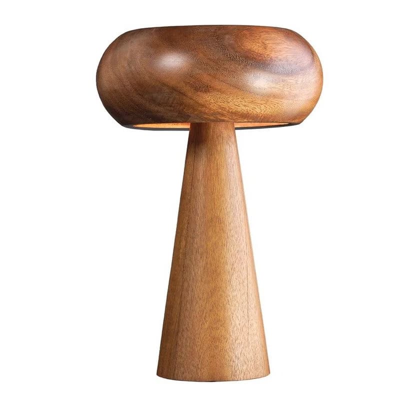 Estila Dizajnová okrúhla masívna stolná lampa Fungi z akáciového dreva v hnedej farbe s oblým tienidlom a kužeľovou podstavou 37 cm 1