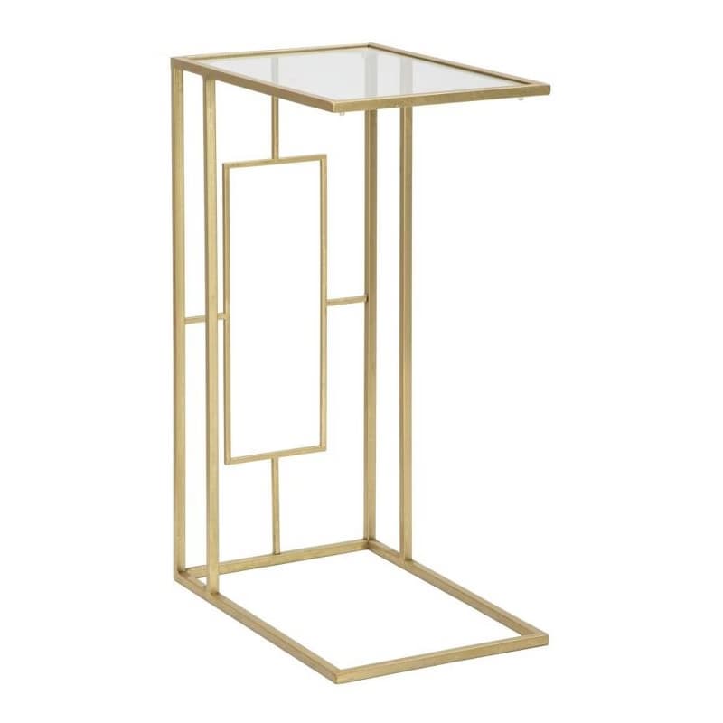 Estila Art deco obdĺžnikový zlatý kovový geometrický príručný stolík Magnus s vrchnou sklenenou priehľadnou doskou 60 cm