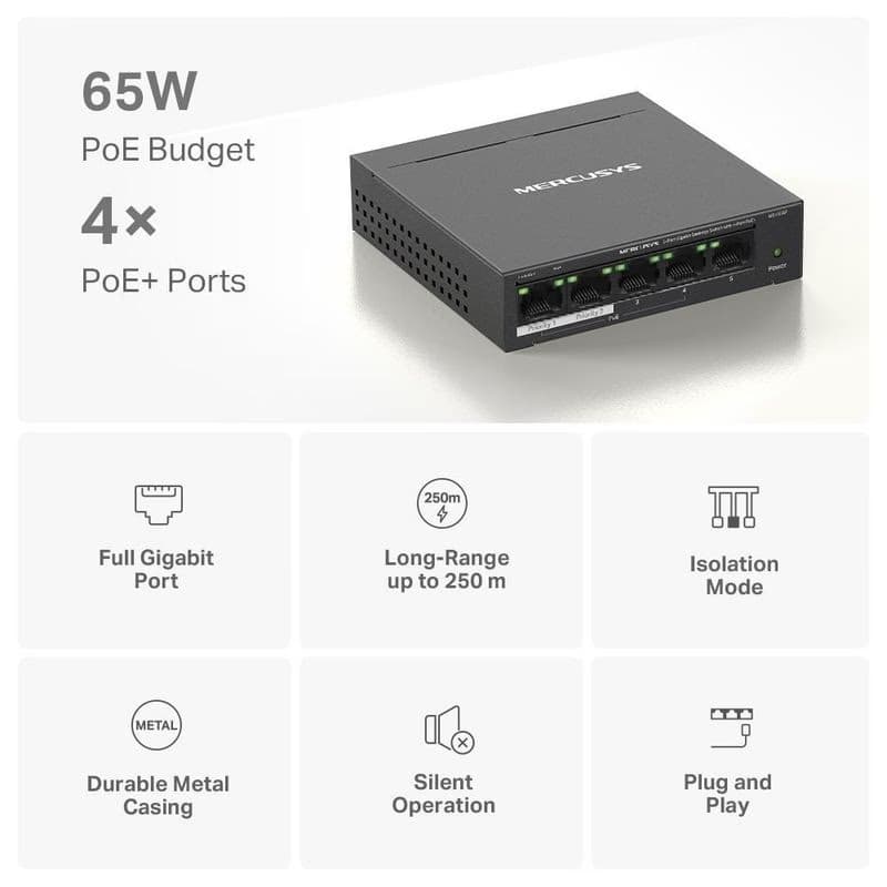 MERCUSYS switch MS105GP (5xGbE, 4xPoE+, 65W, fanless) 4