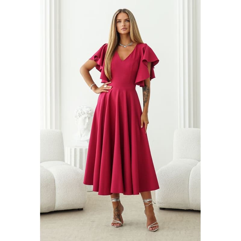 Warsaw Dress Malinové midi šaty s volánovými rukávmi Veľkosť: S