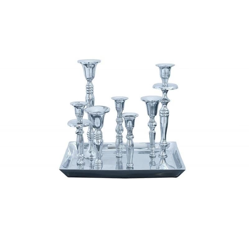 Estila Glamour strieborný svietnik Celeste s obdĺžnikovou podstavou a chrómovými držiakmi na sedem sviečok v art deco štýle 26 cm