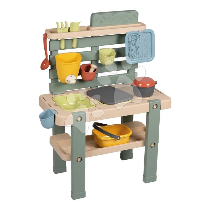 Pracovný pult pre záhradníka Mud Kitchen Life Smoby hra s trávou kvetinami a pieskom 15 doplnkov s nádržou na vodu 1