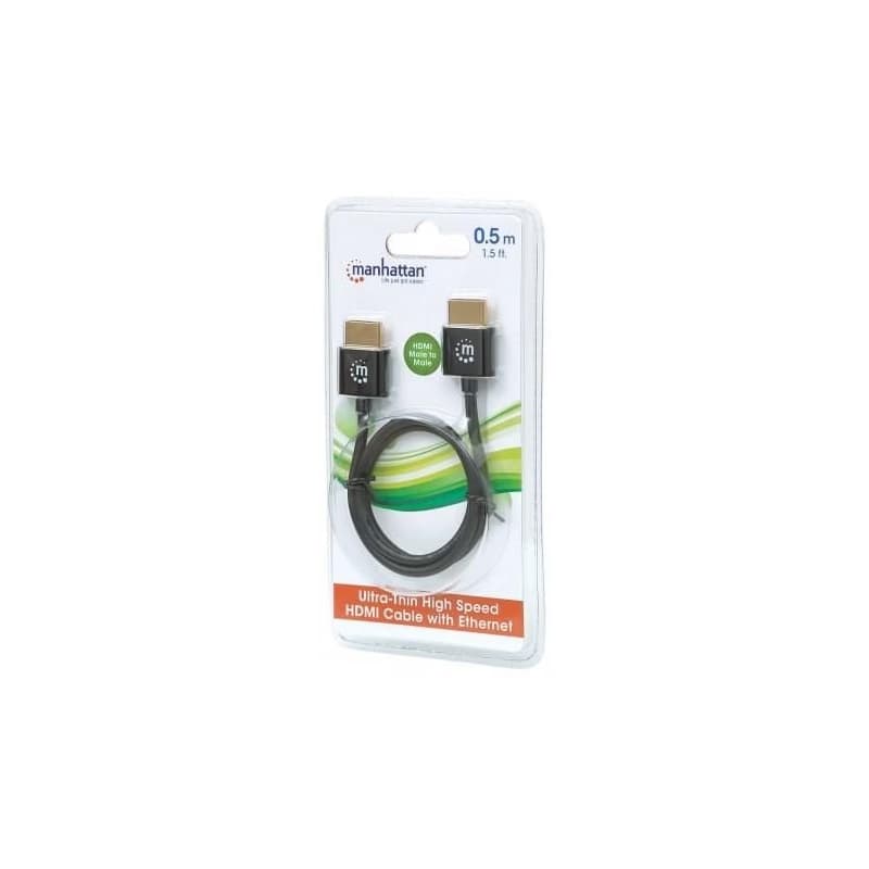 MANHATTAN Ultra-thin High Speed HDMI Cable with Ethernet, HEC, ARC, 3D, 4K, HDMI Male to Male, Shielded, Black, 0, 5m 5
