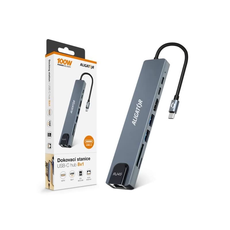 Aligator Dokovacia stanica USB-C/Hub 8v1 (USB-C/2xUSB/SD/MicroSD/HDTV/RJ45) 2