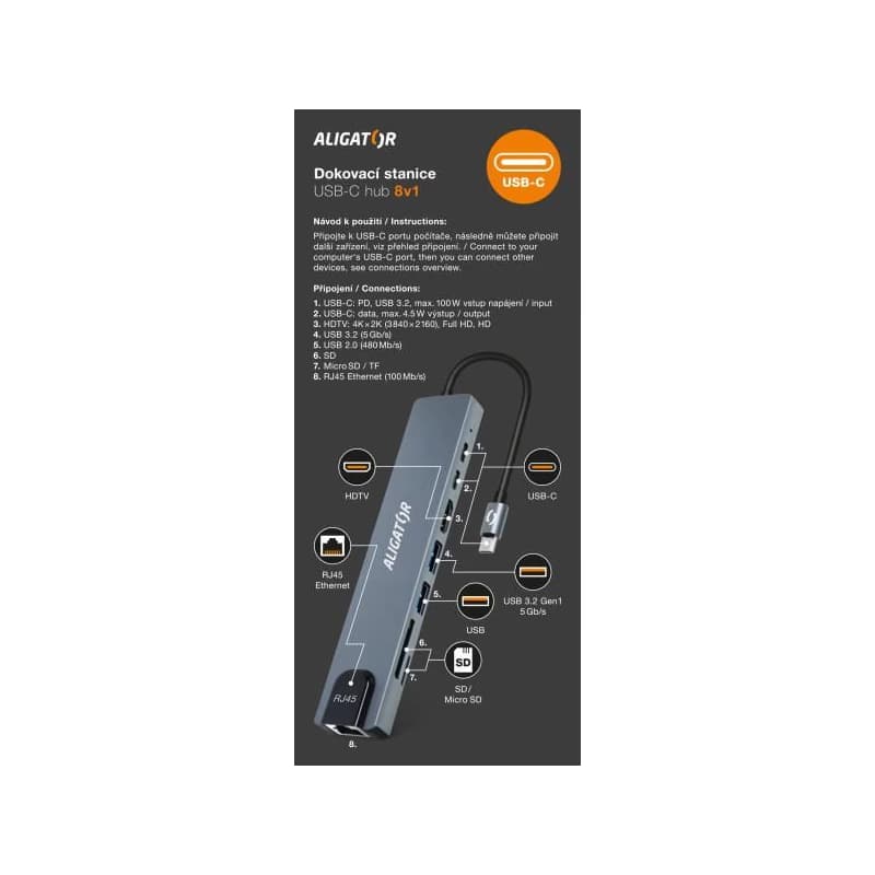Aligator Dokovacia stanica USB-C/Hub 8v1 (USB-C/2xUSB/SD/MicroSD/HDTV/RJ45) 4
