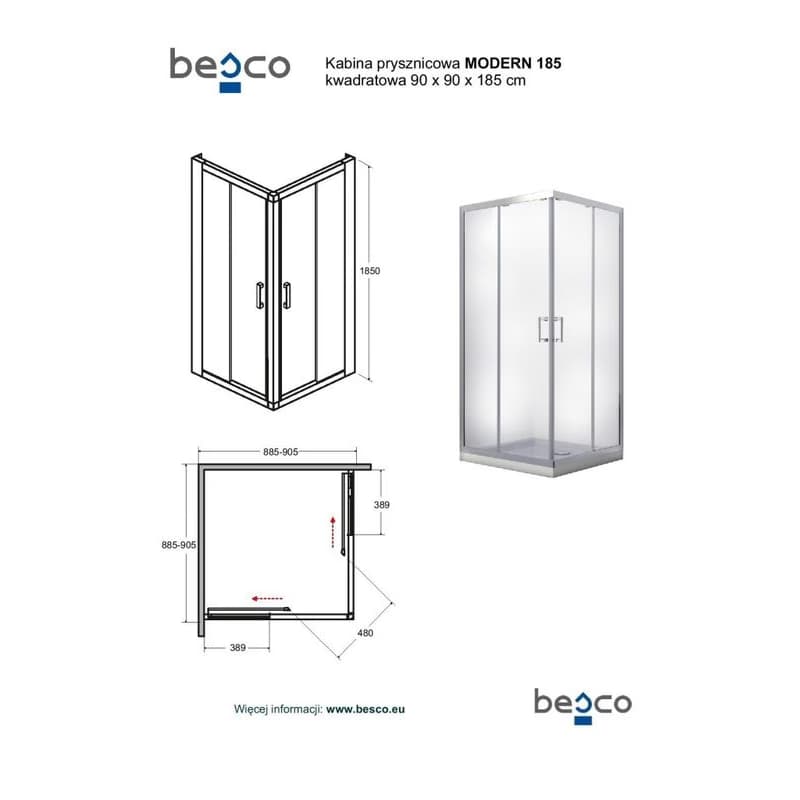 BESCO - Štvorcový sprchovací kút MODERN 185 + vanička z liateho mramoru BCCTVMOD90CFVEN 5