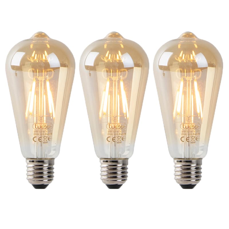 Sada 3 LED žiaroviek E27 ST64 zlatá so senzorom súmraku 4W 400lm 2200K