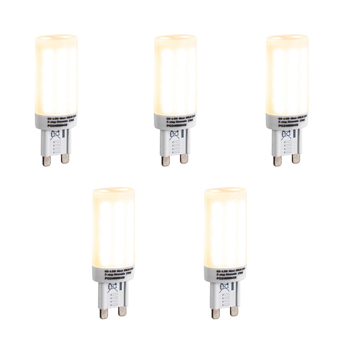 Sada 5 stmievateľných LED žiaroviek G9 s 3-stupňovým stmievaním, opál, 4,5 W, 500 lm, 2700 K 1